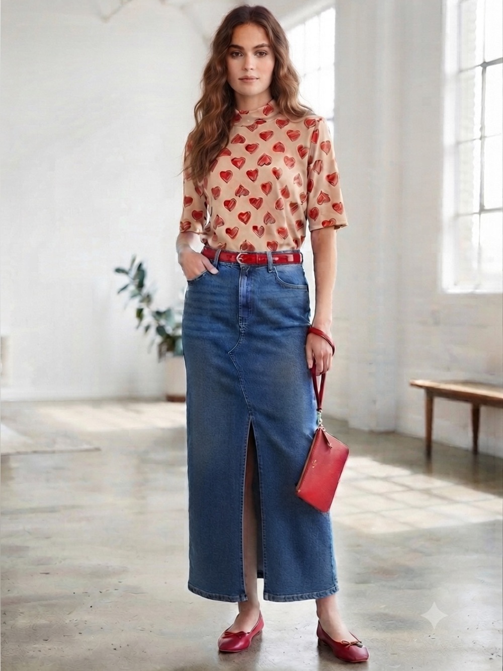 Alex & Parker Heart Print Beige and Red Top❤️